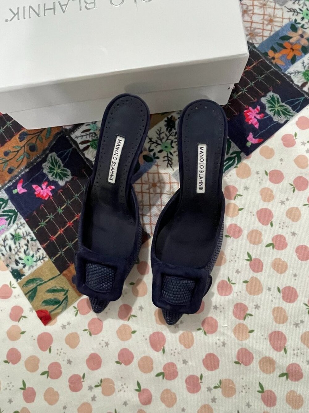 Manolo Blahnik Navy Woven Square-Buckle Mule Heels